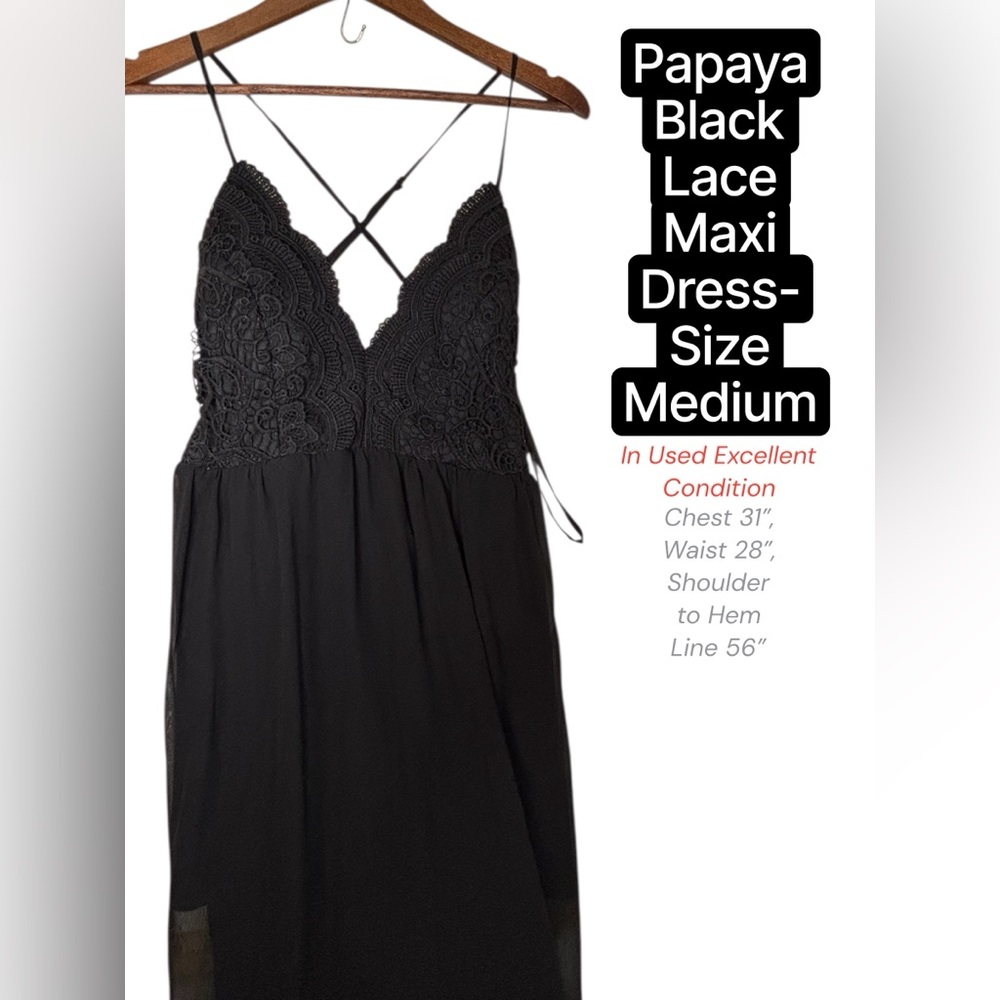 Papaya Black Lace Maxi Dress | Strappy Criss Cross Back | Size M